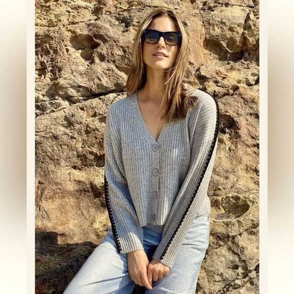 NWT 27 Miles Malibu Leila Wool Cashmere Cardigan Tan/Black XS - Picture 1 of 14